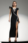 Gwendolyn Black Formal Event Dress with Cut-Out Neckline and Ruffled Sleeves