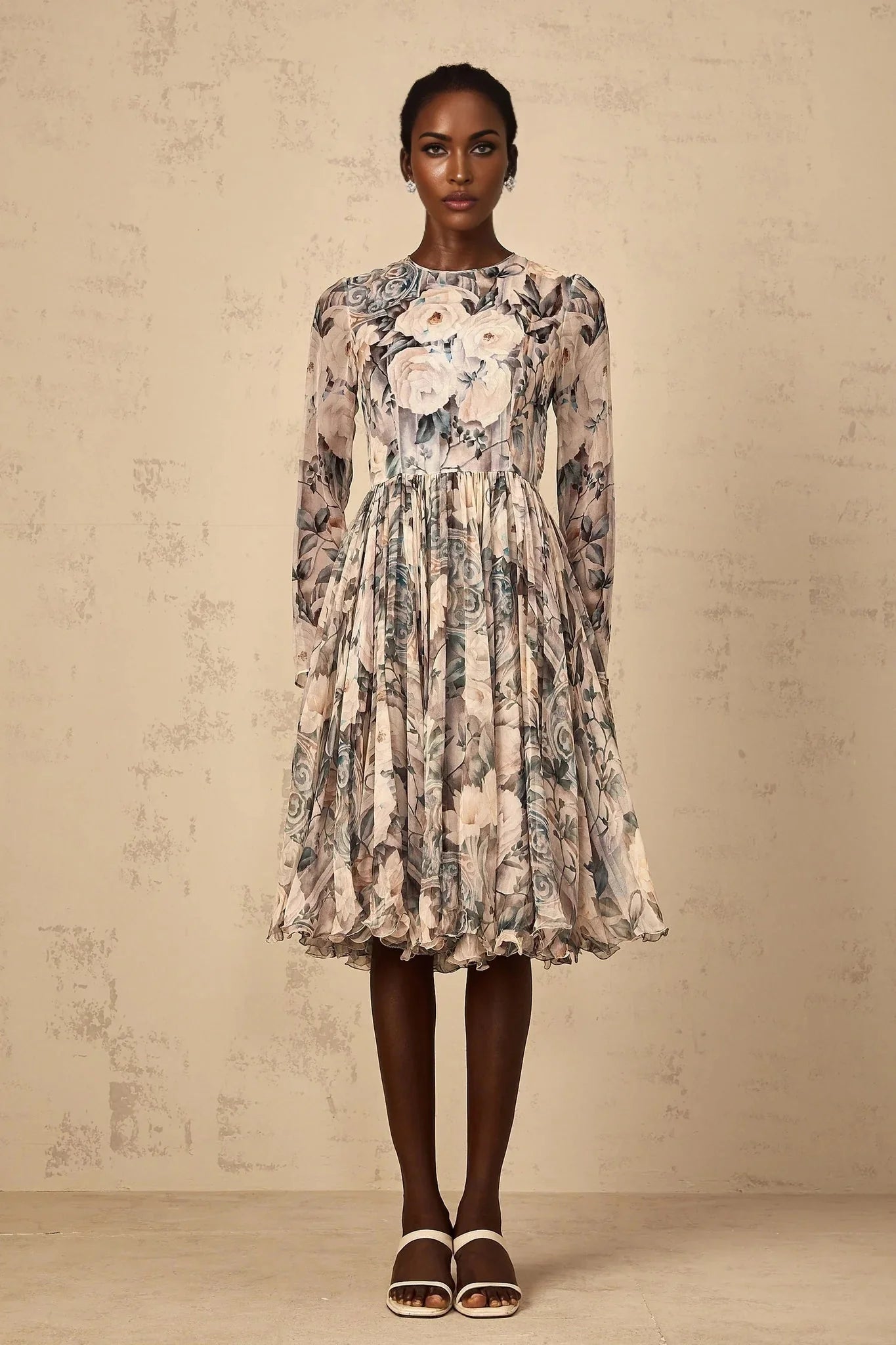 Gwendolyn Midi Dress Floral Print Pleated Ruffled Hem