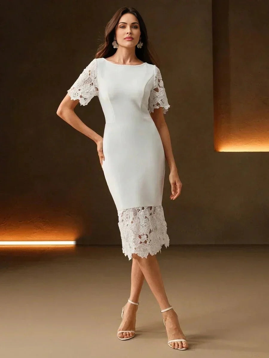 Gwendolyn Midi Dress - Round Neck - Mermaid Hem - High Waist - Elegant Style - Colorblock & Plain