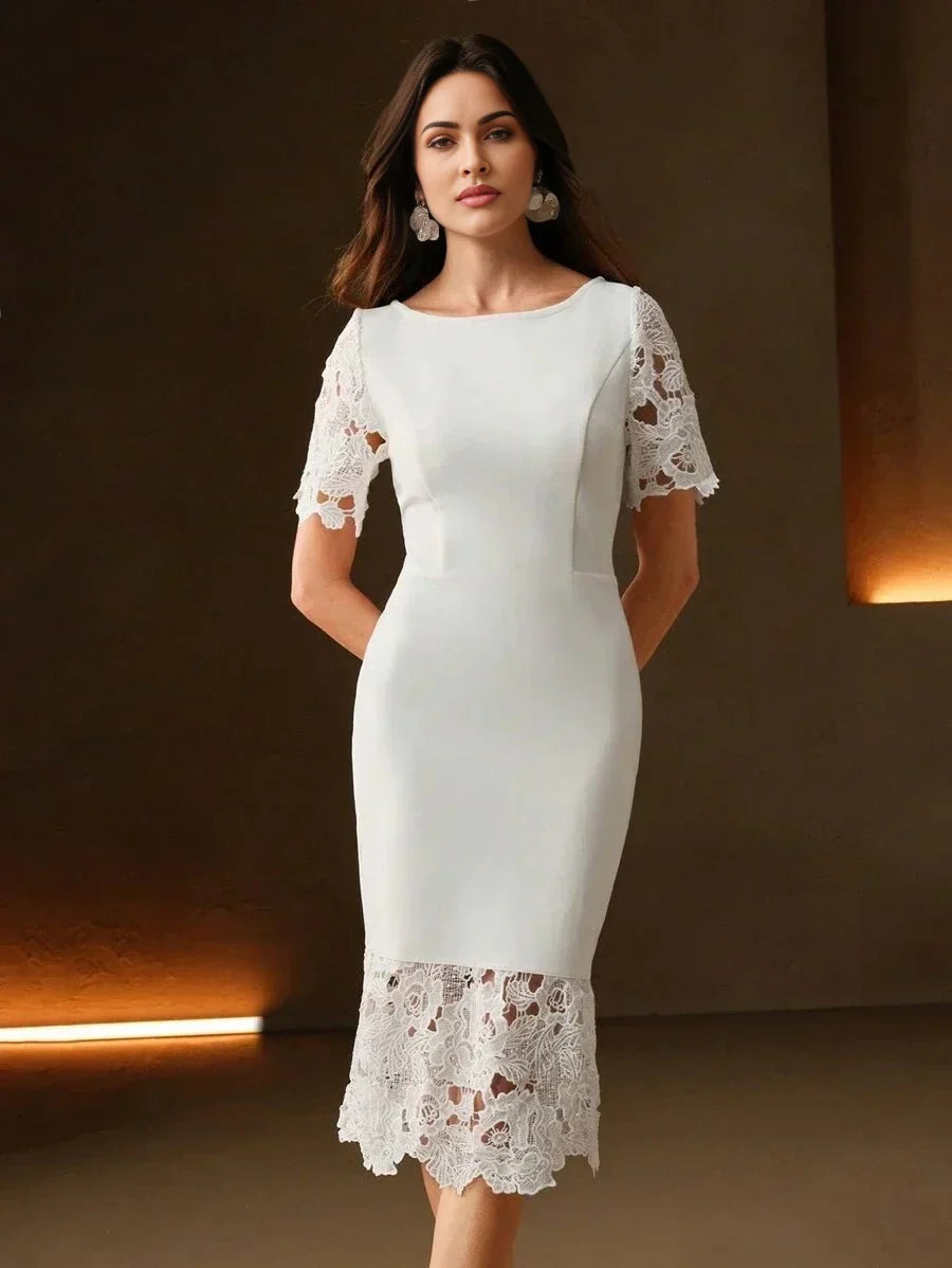 Gwendolyn Midi Dress - Round Neck - Mermaid Hem - High Waist - Elegant Style - Colorblock & Plain