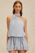 Gwendolyn Mini Dress - Halterneck - Sleeveless - Open Back - Fully Pleated - Ribbon Design