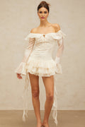 Gwendolyn Mini Dress - Off the Shoulder Design - Semi - sheer Long Sleeves - Floral Embroidery - Ribbon Accent