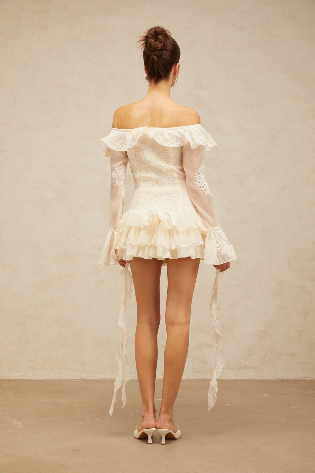 Gwendolyn Mini Dress - Off the Shoulder Design - Semi - sheer Long Sleeves - Floral Embroidery - Ribbon Accent