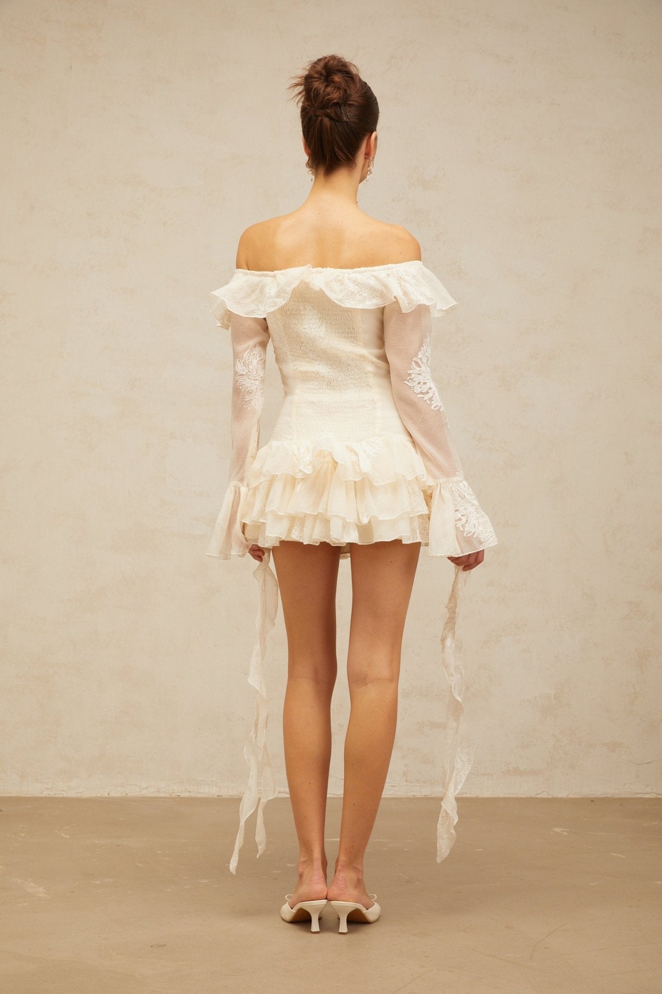 Gwendolyn Mini Dress - Off the Shoulder Design - Semi - sheer Long Sleeves - Floral Embroidery - Ribbon Accent