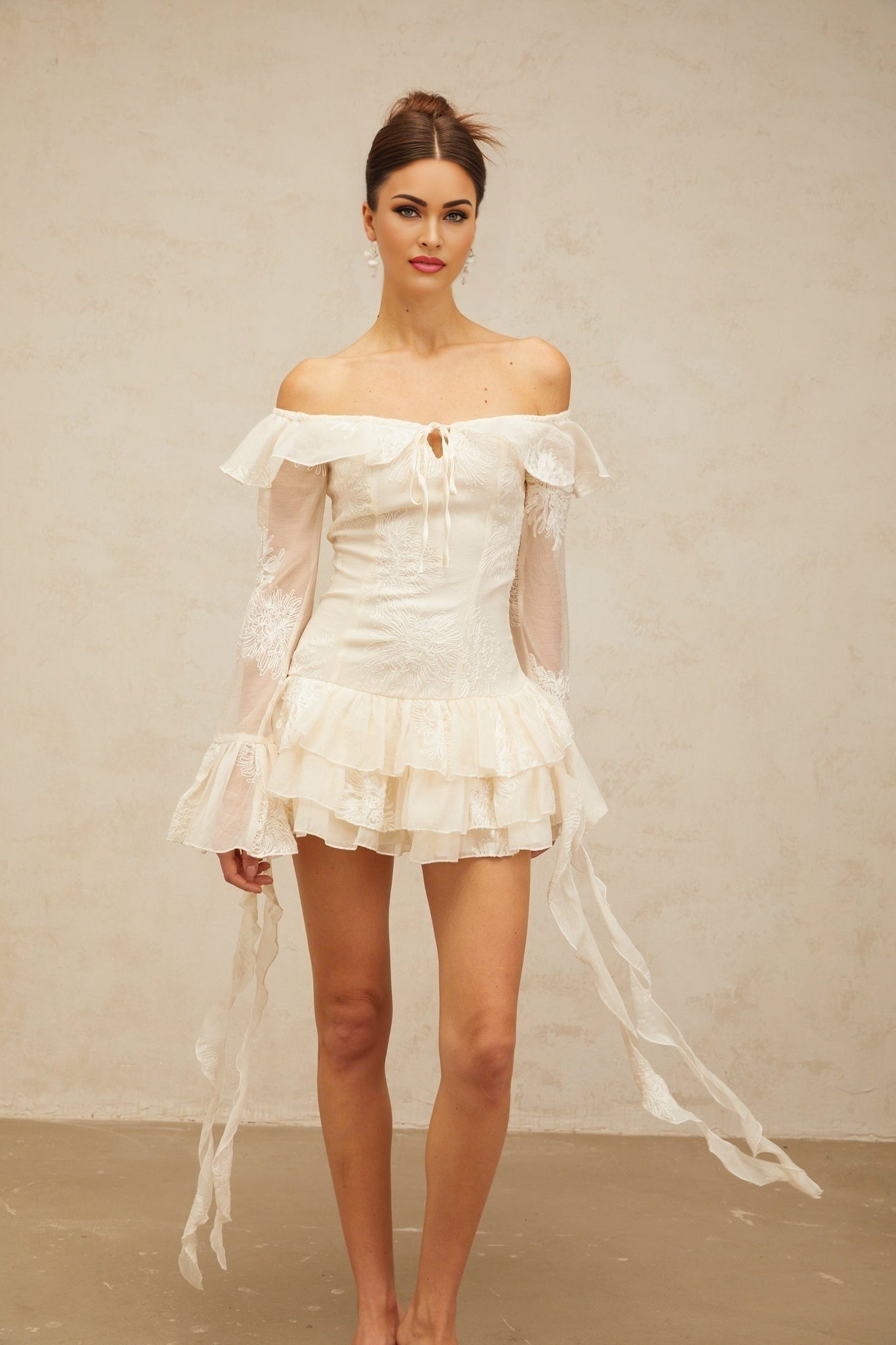Gwendolyn Mini Dress - Off the Shoulder Design - Semi - sheer Long Sleeves - Floral Embroidery - Ribbon Accent