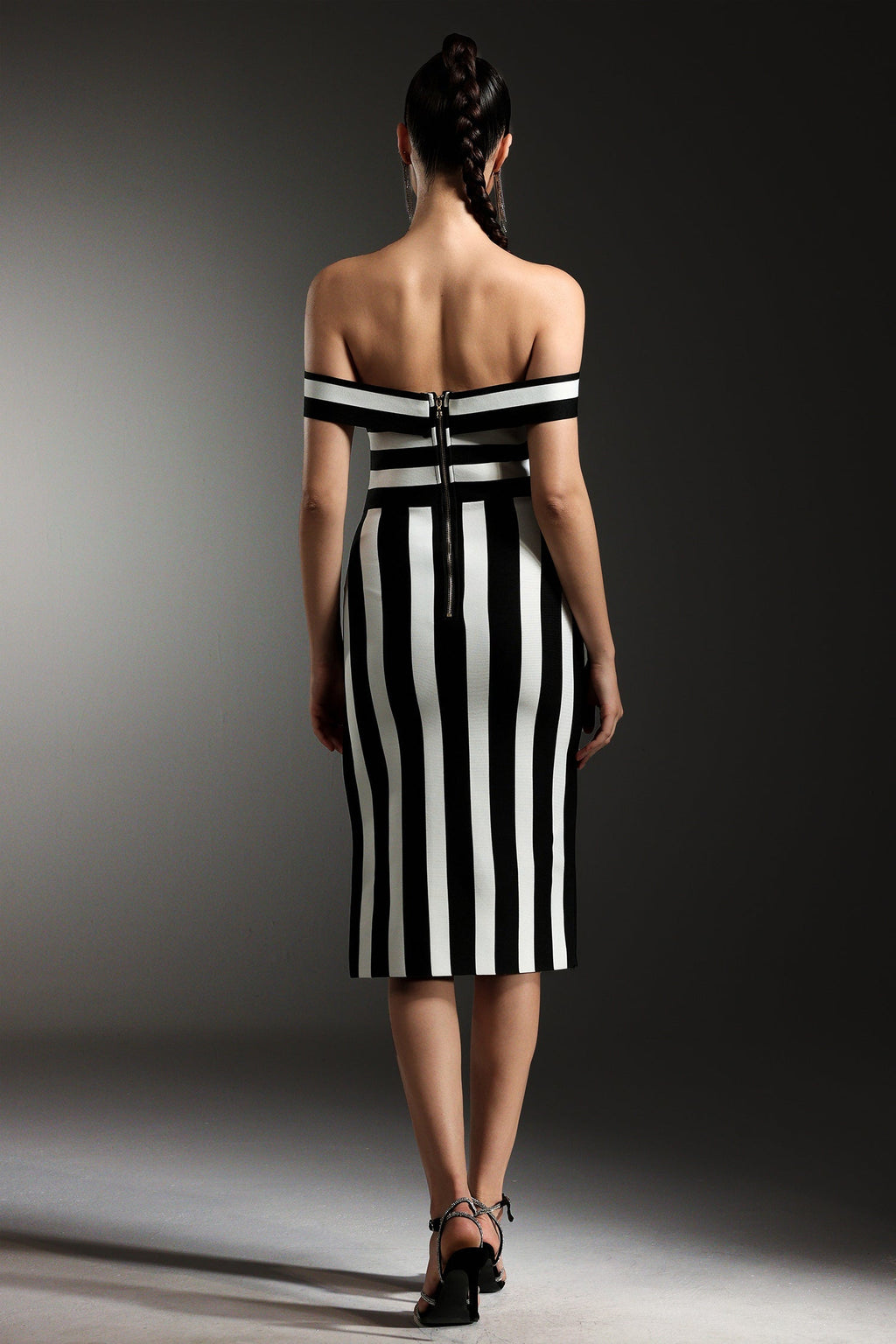 Hailey Black Striped Off-the-Shoulder Bandage Dress with Slit Detailing