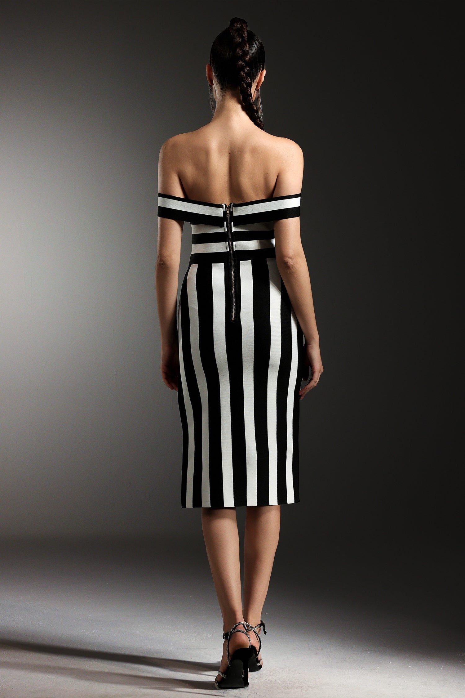 Hailey Black Striped Off-the-Shoulder Bandage Dress with Slit Detailing