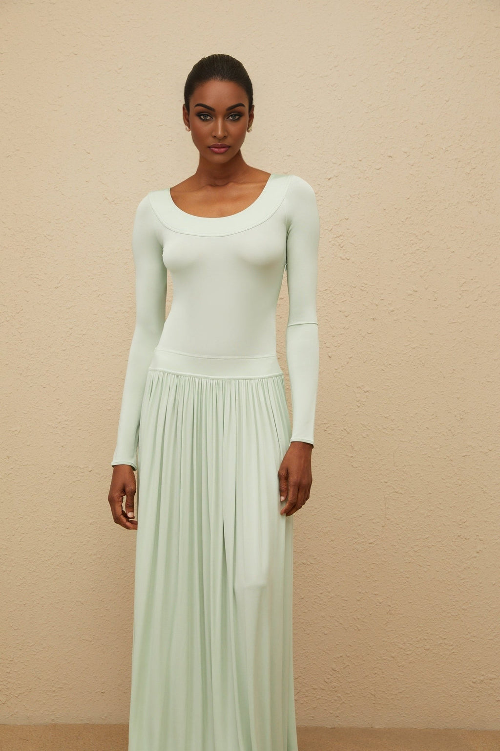 Hailey Maxi Dress - Mint Green Long Sleeve Self - Tie Open Back