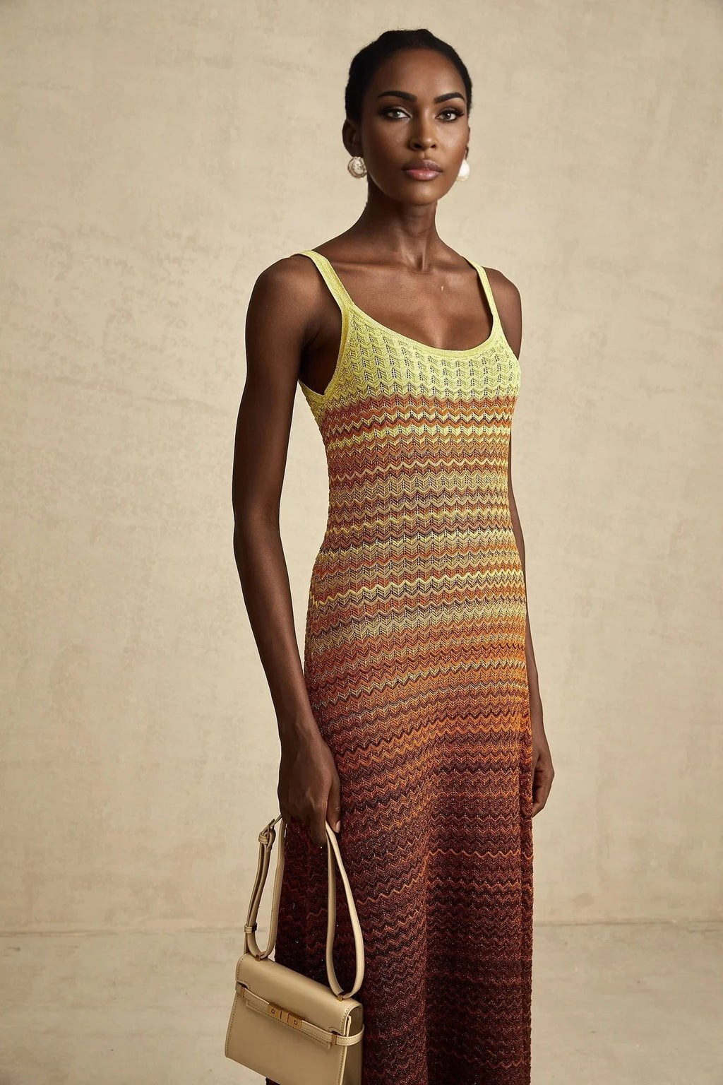 Haley Maxi Dress Brown & Multicolor Gradient Knit Hem