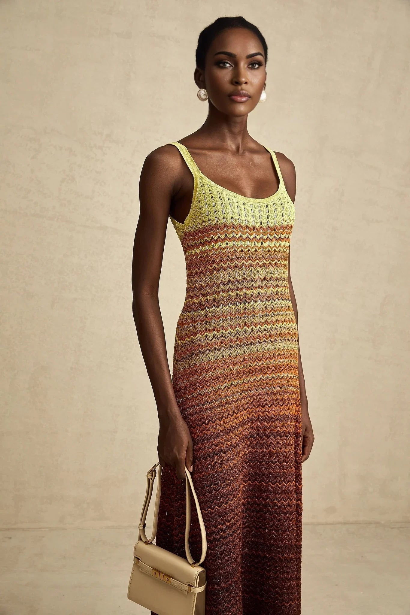 Haley Maxi Dress Brown & Multicolor Gradient Knit Hem