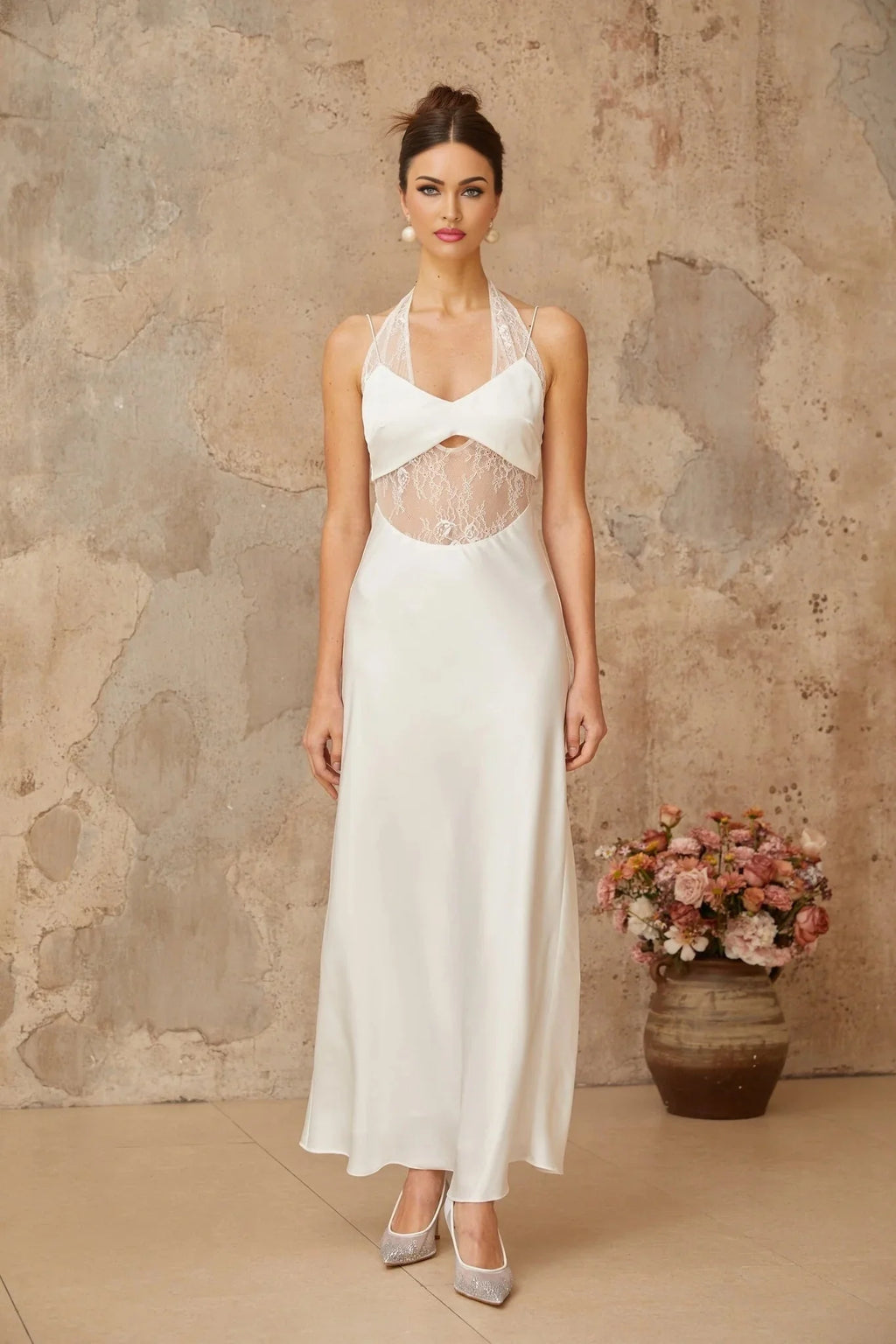 Haley Maxi Dress White Lace Panel Cut - Out & Satin Finish