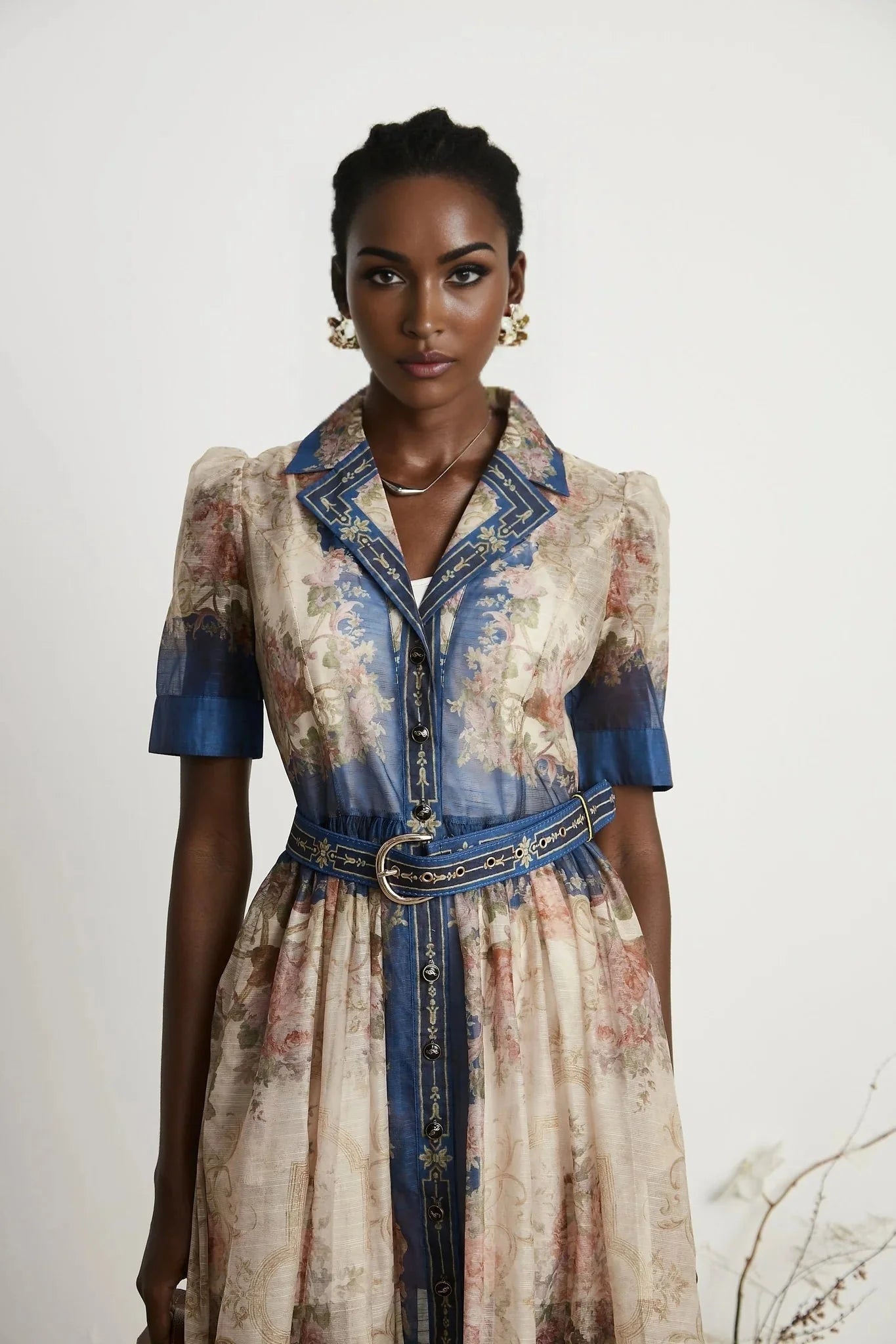 Haley Midi Dress Neutrals & Blue Pattern Long Sleeves Belt Button Fastening