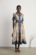 Haley Midi Dress Neutrals & Blue Pattern Long Sleeves Belt Button Fastening
