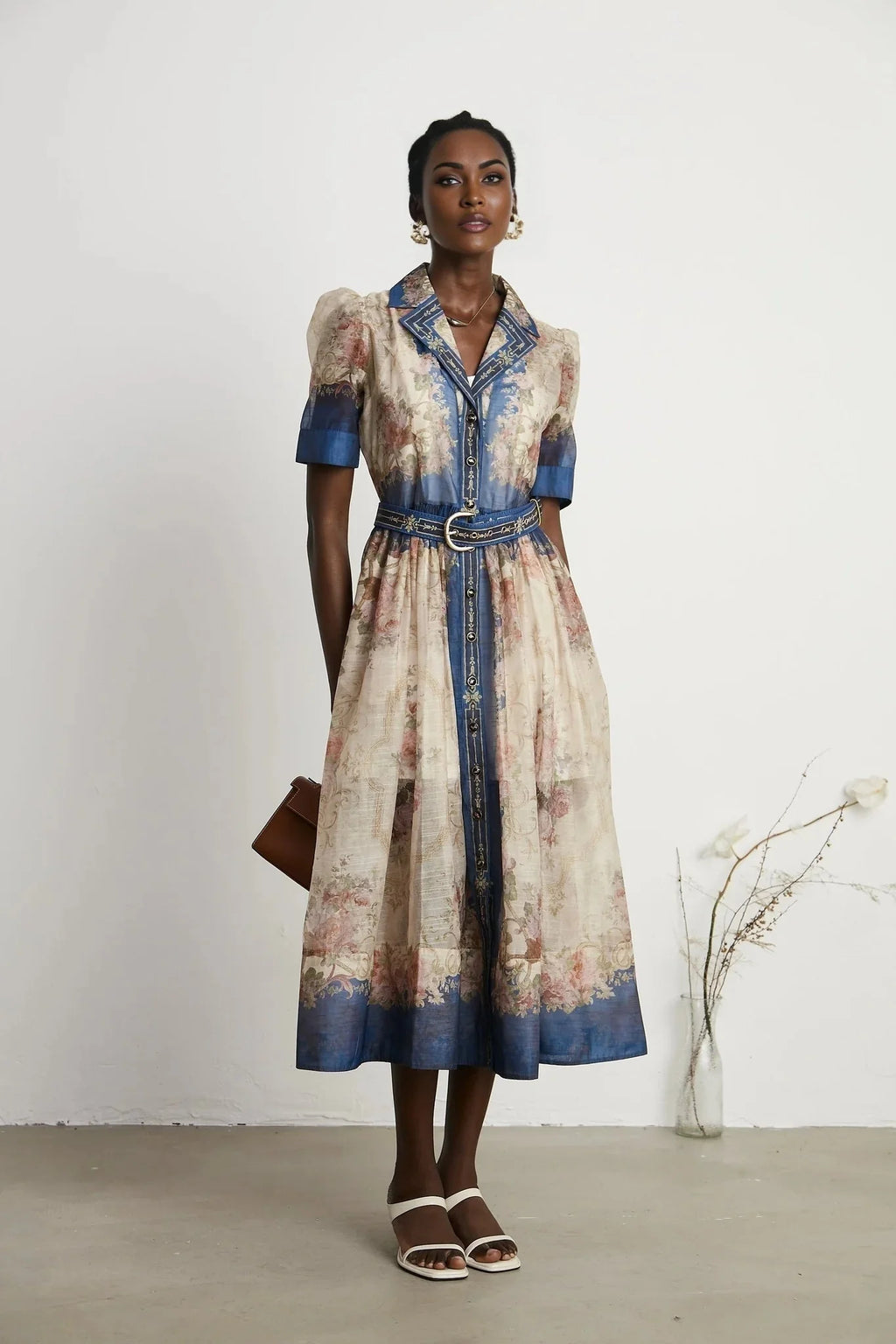 Haley Midi Dress Neutrals & Blue Pattern Long Sleeves Belt Button Fastening