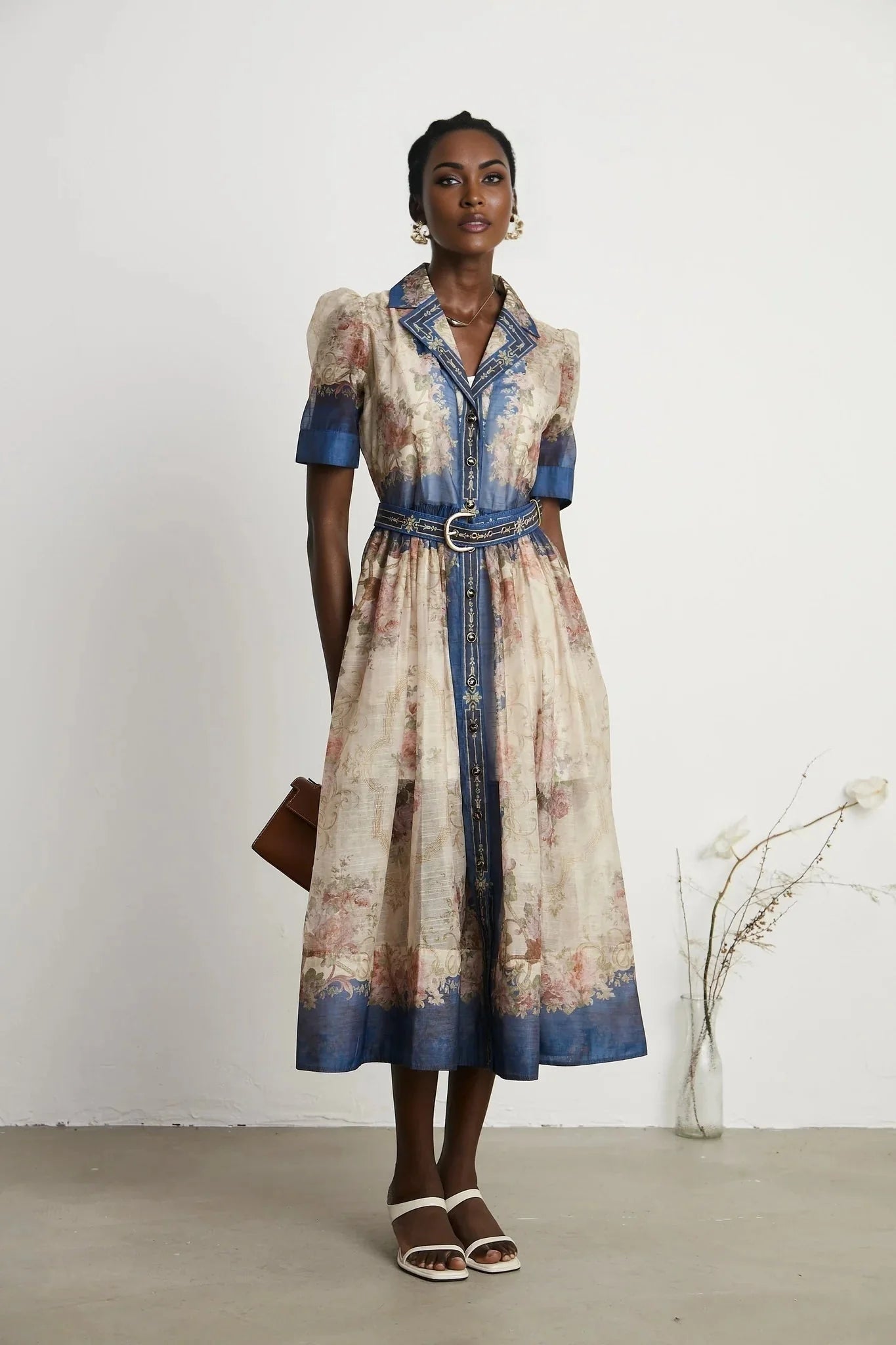 Haley Midi Dress Neutrals & Blue Pattern Long Sleeves Belt Button Fastening