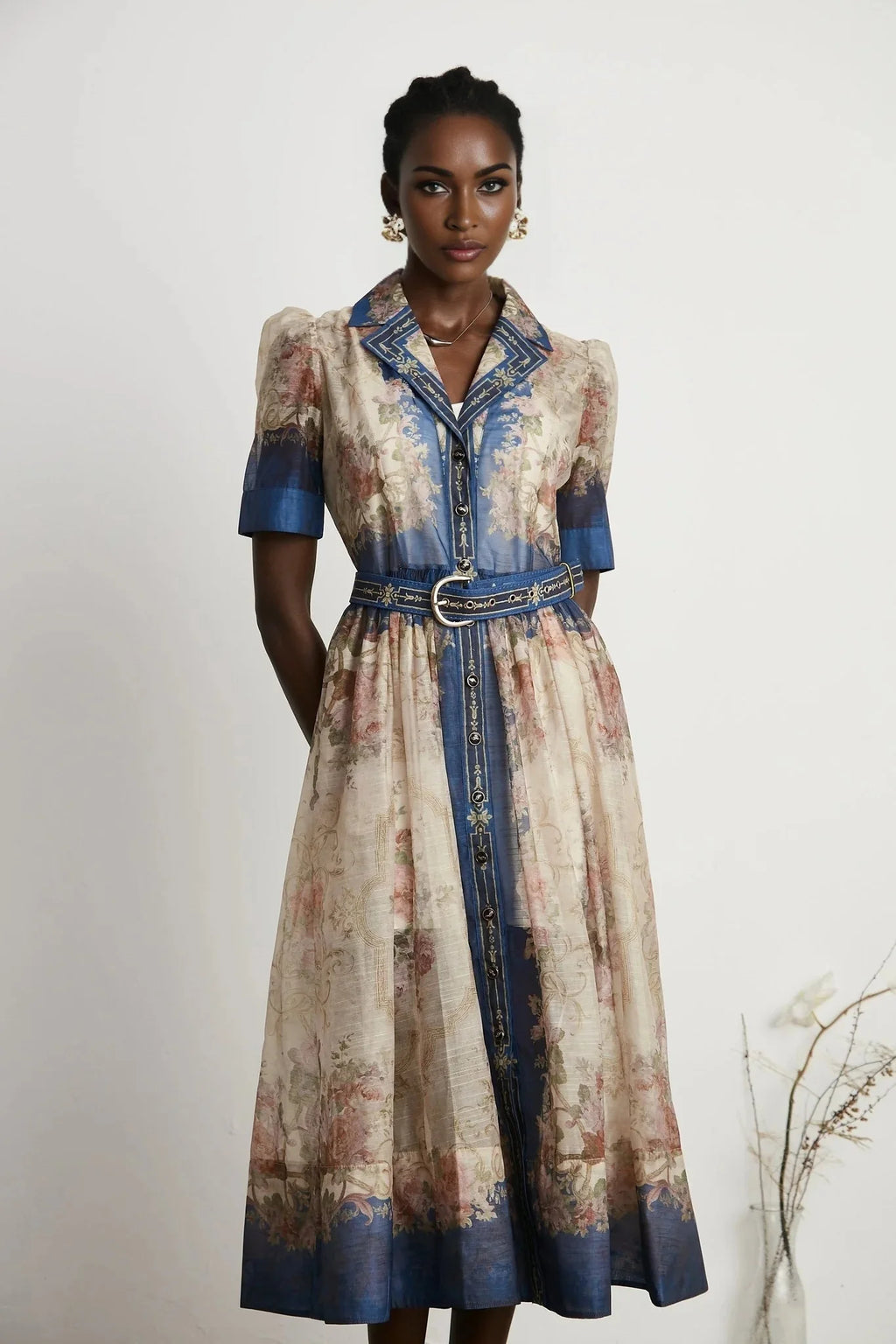 Haley Midi Dress Neutrals & Blue Pattern Long Sleeves Belt Button Fastening