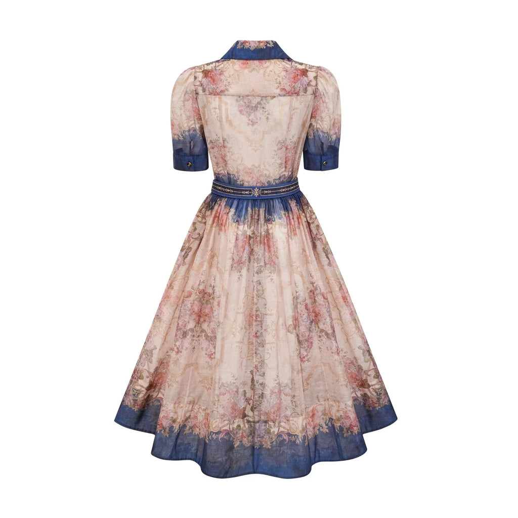 Haley Midi Dress Neutrals & Blue Pattern Long Sleeves Belt Button Fastening