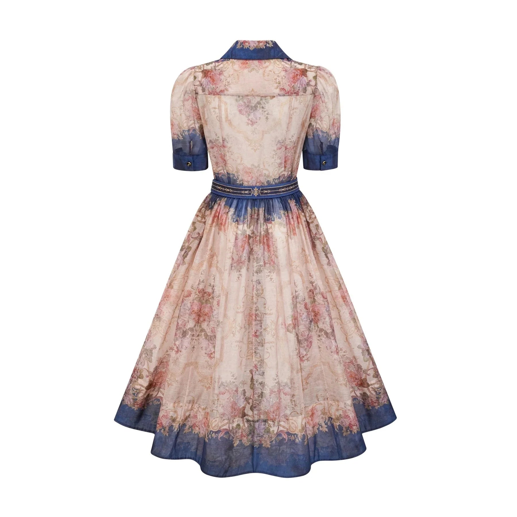 Haley Midi Dress Neutrals & Blue Pattern Long Sleeves Belt Button Fastening
