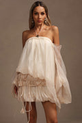 Hanna Beige Mini Dress Elegance Modernity Silhouette Collarbone Lightweight Fabric Waist Detailing Summer Parties Weddings Evenings Charm Style Versatile Heels Sandals Must-Have