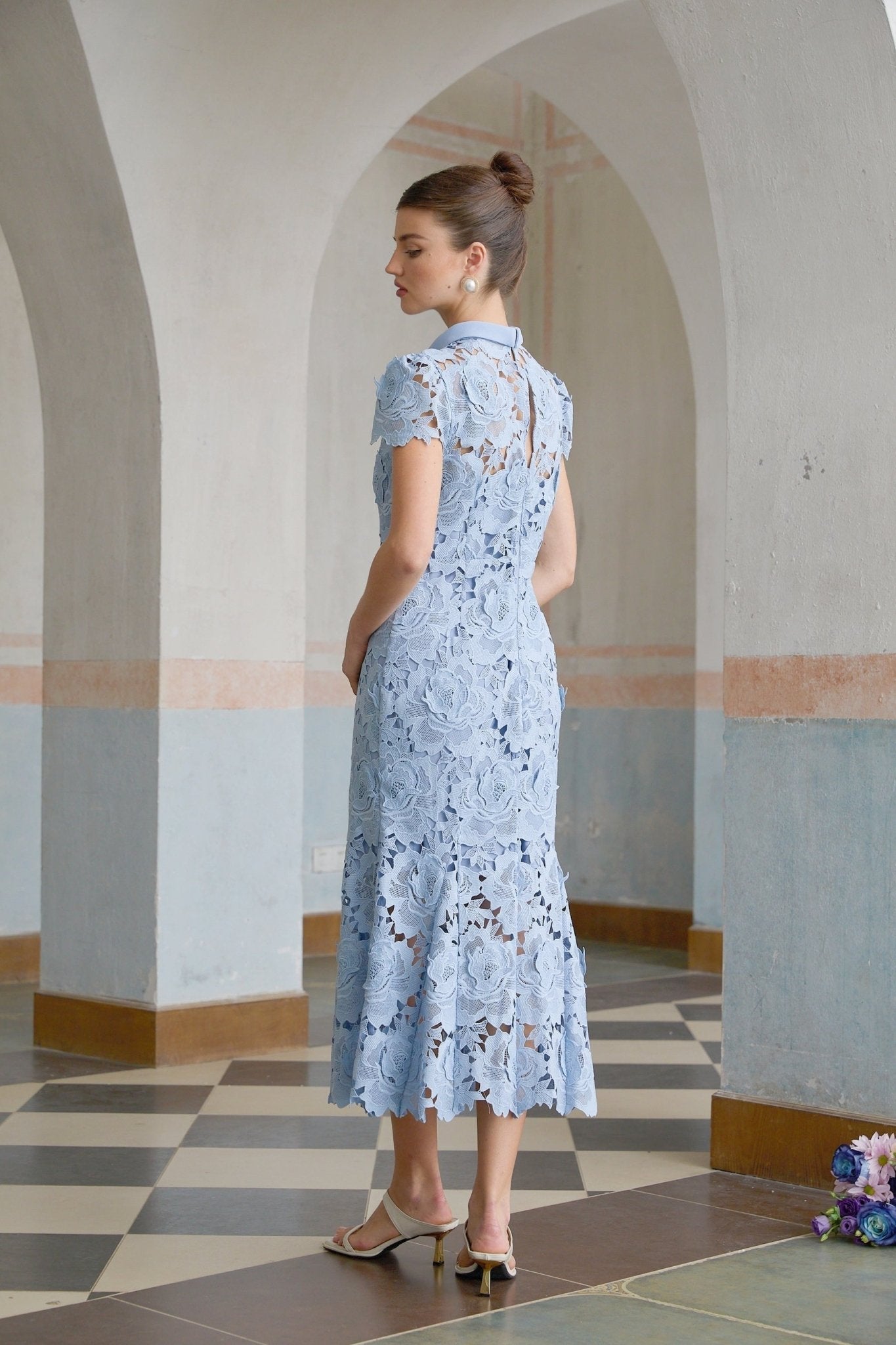 Hanna Midi Dress - Guipure Lace - Floral Appliqué - Scallop Trim - Flared Hem - Short Sleeves
