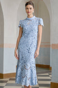 Hanna Midi Dress - Guipure Lace - Floral Appliqué - Scallop Trim - Flared Hem - Short Sleeves