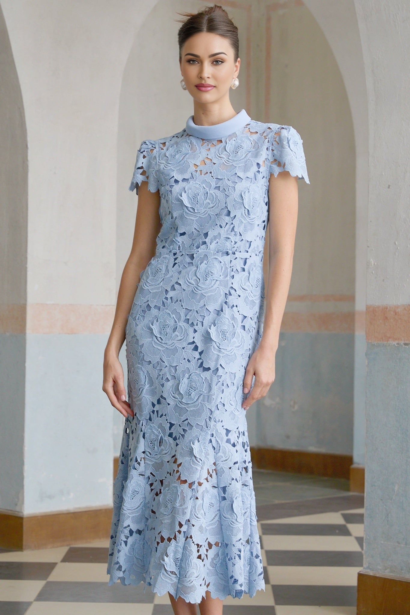 Hanna Midi Dress - Guipure Lace - Floral Appliqué - Scallop Trim - Flared Hem - Short Sleeves