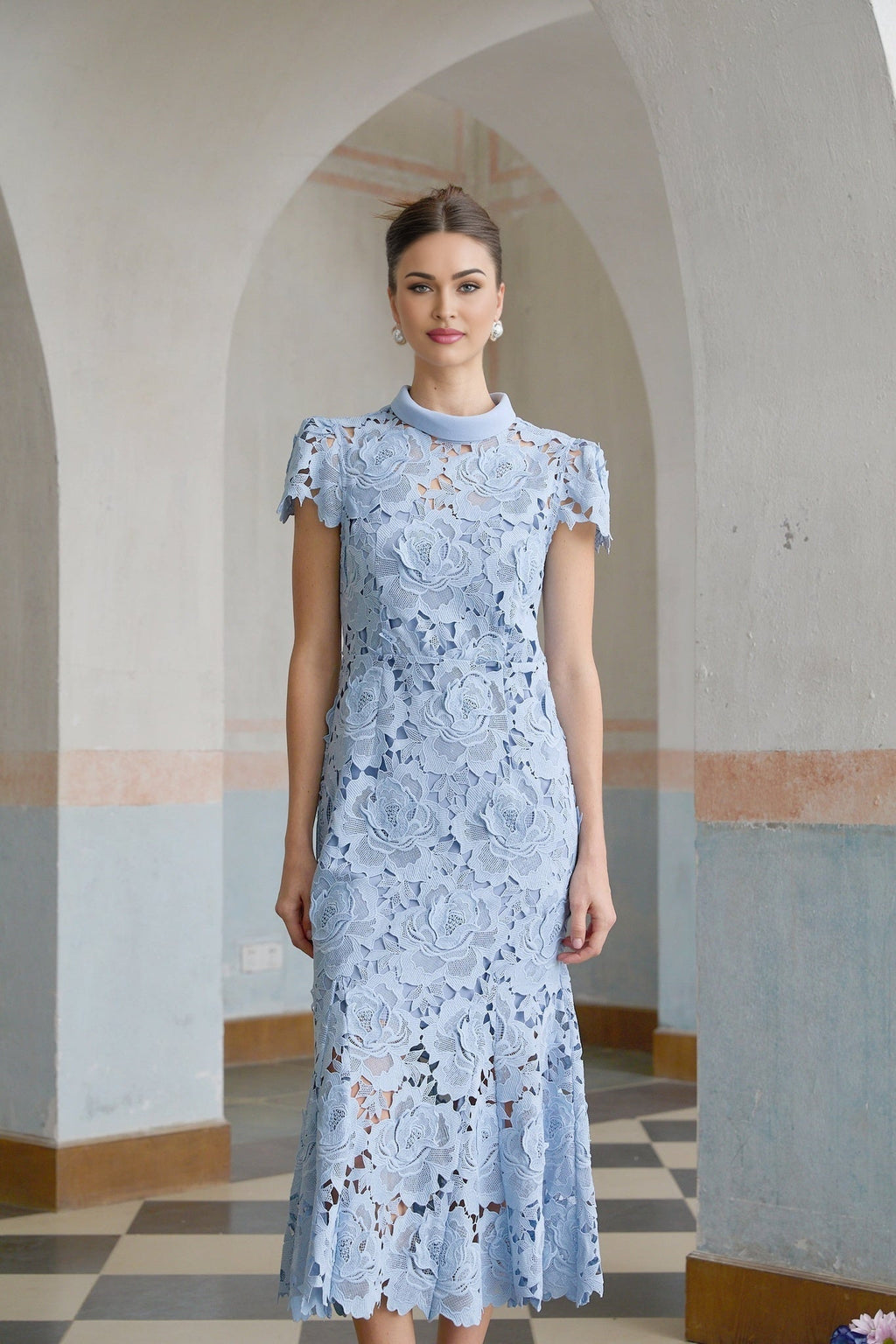 Hanna Midi Dress - Guipure Lace - Floral Appliqué - Scallop Trim - Flared Hem - Short Sleeves