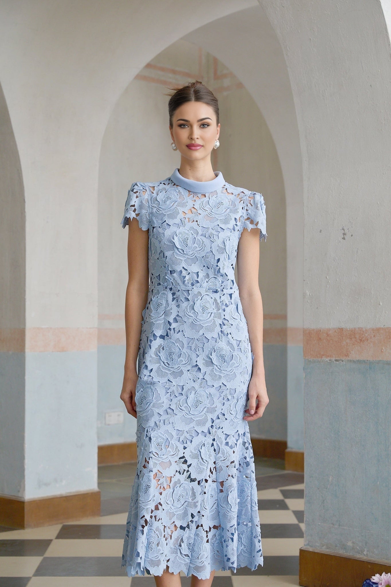 Hanna Midi Dress - Guipure Lace - Floral Appliqué - Scallop Trim - Flared Hem - Short Sleeves