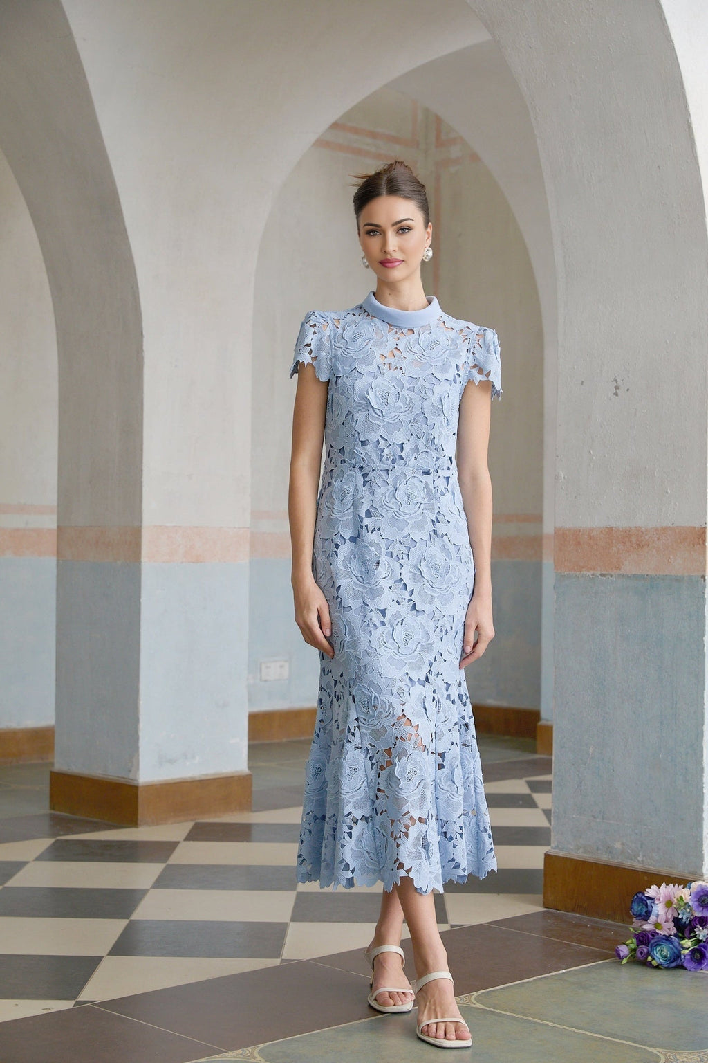 Hanna Midi Dress - Guipure Lace - Floral Appliqué - Scallop Trim - Flared Hem - Short Sleeves