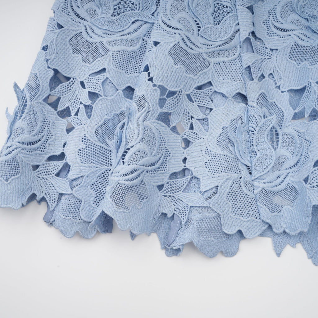 Hanna Midi Dress - Guipure Lace - Floral Appliqué - Scallop Trim - Flared Hem - Short Sleeves