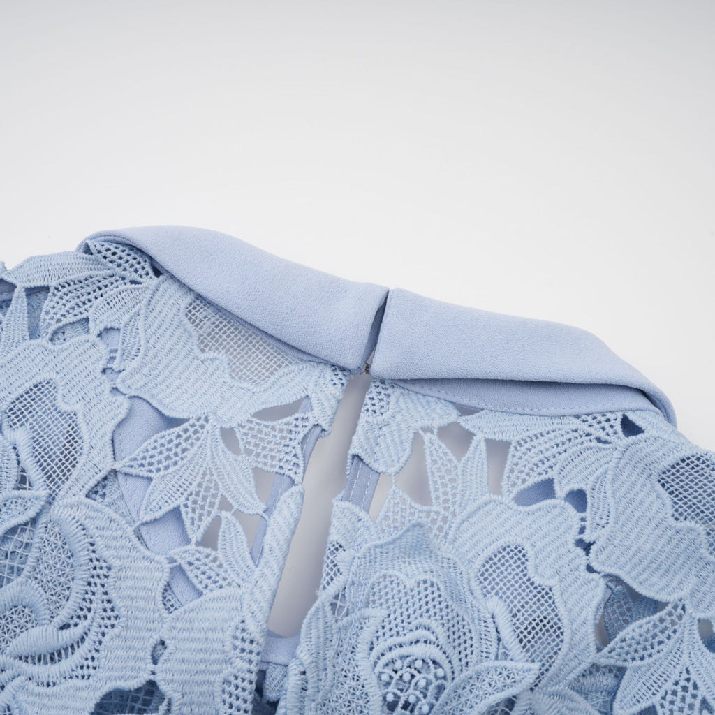 Hanna Midi Dress - Guipure Lace - Floral Appliqué - Scallop Trim - Flared Hem - Short Sleeves