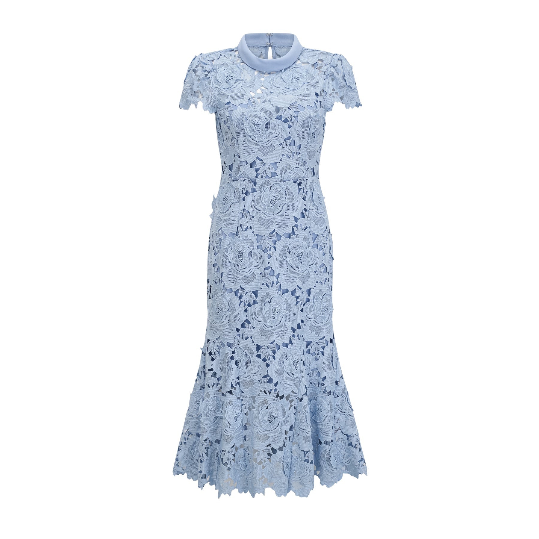 Hanna Midi Dress - Guipure Lace - Floral Appliqué - Scallop Trim - Flared Hem - Short Sleeves