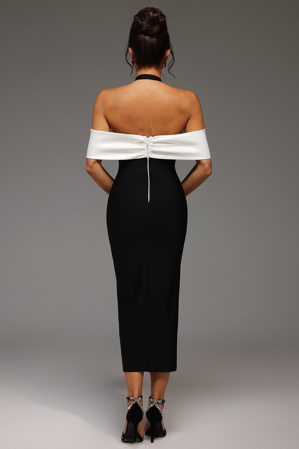 Hannah Black Halter Off-Shoulder Brooch Detail Maxi Dress with Slit