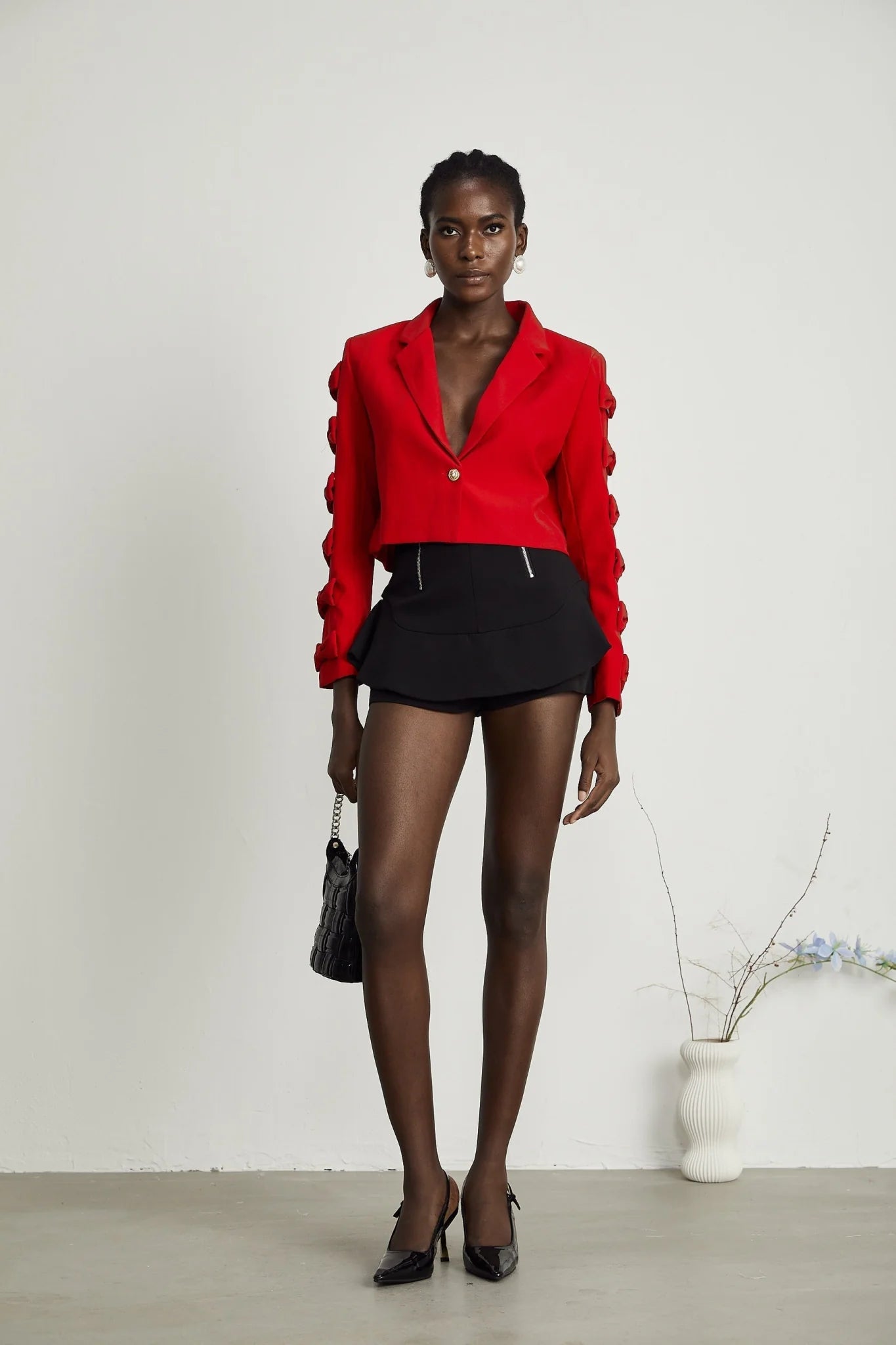 Hannah Blazer - Notched Lapels - Cropped - Bow - Embellished Sleeves - Front Button Fastening