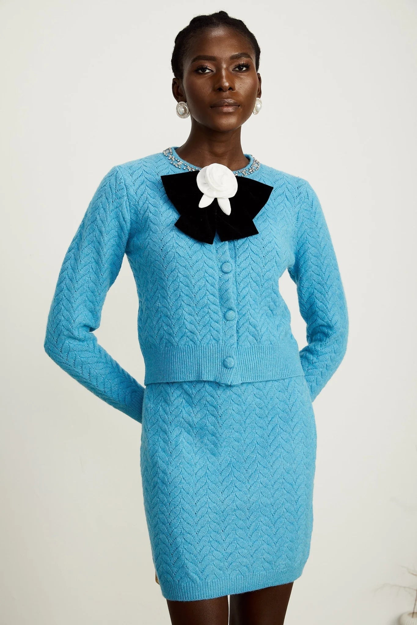 Harleigh Cardigan & Skirt - Knitted Construction - Crystal Embellishment - Bowknot Detailing - Thigh Length