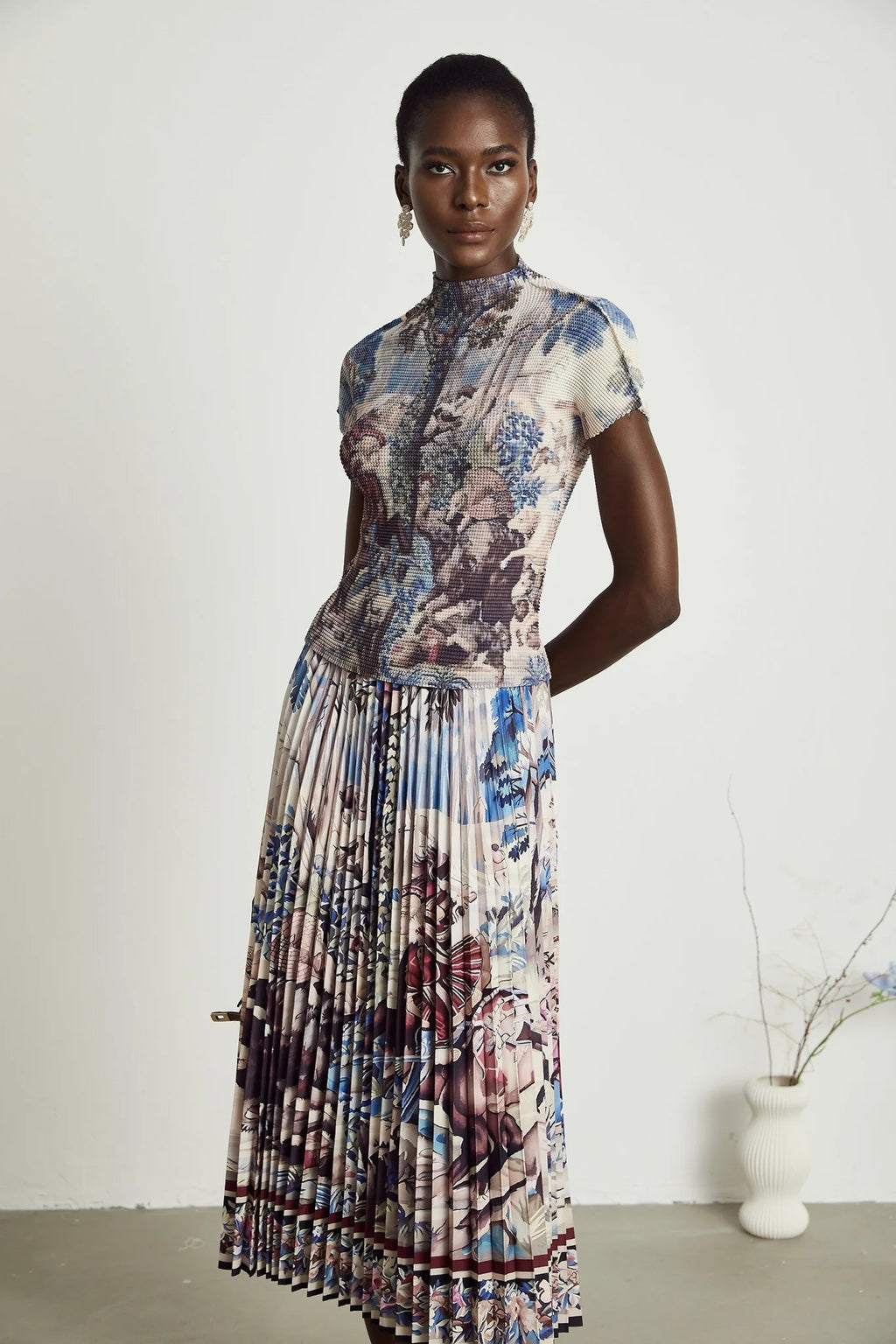Harleigh Floral Midi Dress - Pleated Top - High Waisted Skirt - Multicolor Print - Comfort Fit