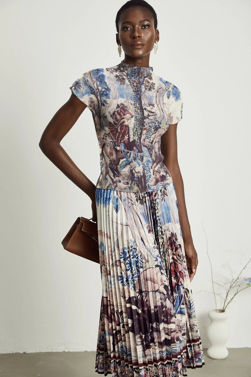 Harleigh Floral Midi Dress - Pleated Top - High Waisted Skirt - Multicolor Print - Comfort Fit