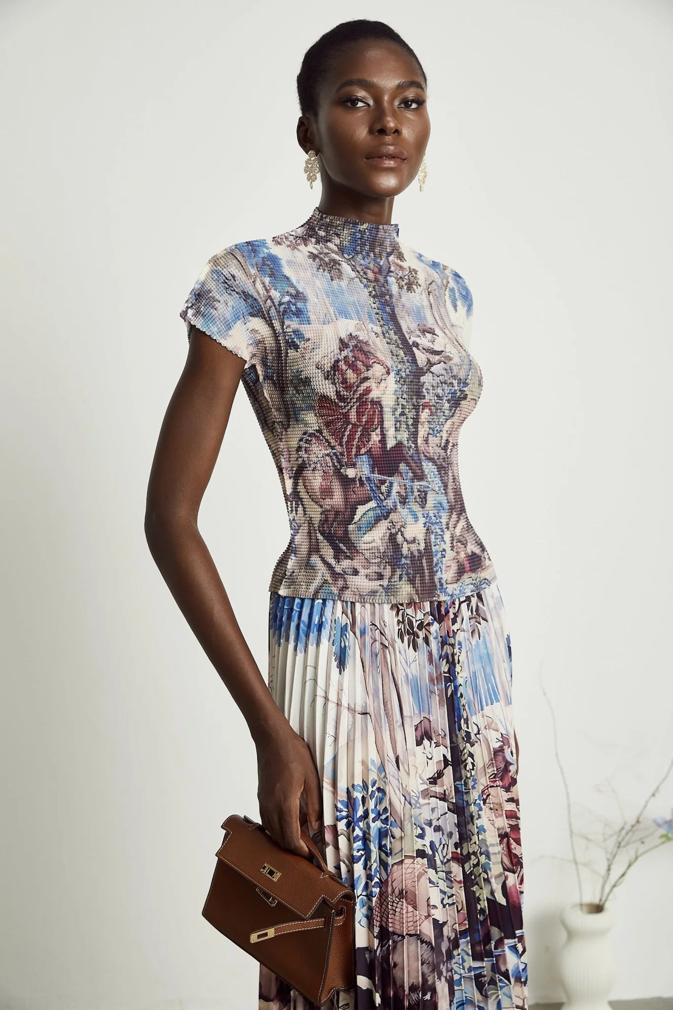 Harleigh Floral Midi Dress - Pleated Top - High Waisted Skirt - Multicolor Print - Comfort Fit