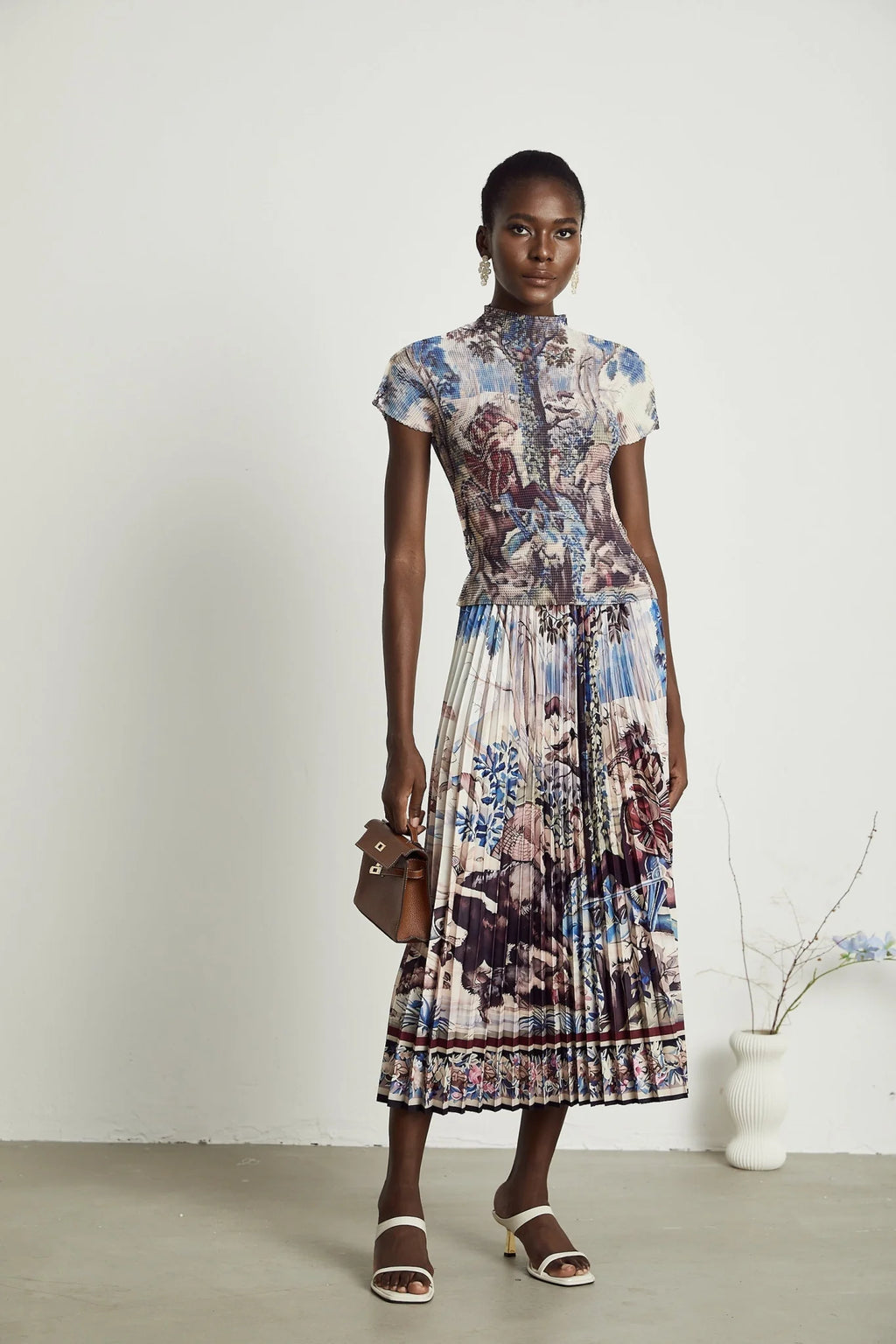 Harleigh Floral Midi Dress - Pleated Top - High Waisted Skirt - Multicolor Print - Comfort Fit