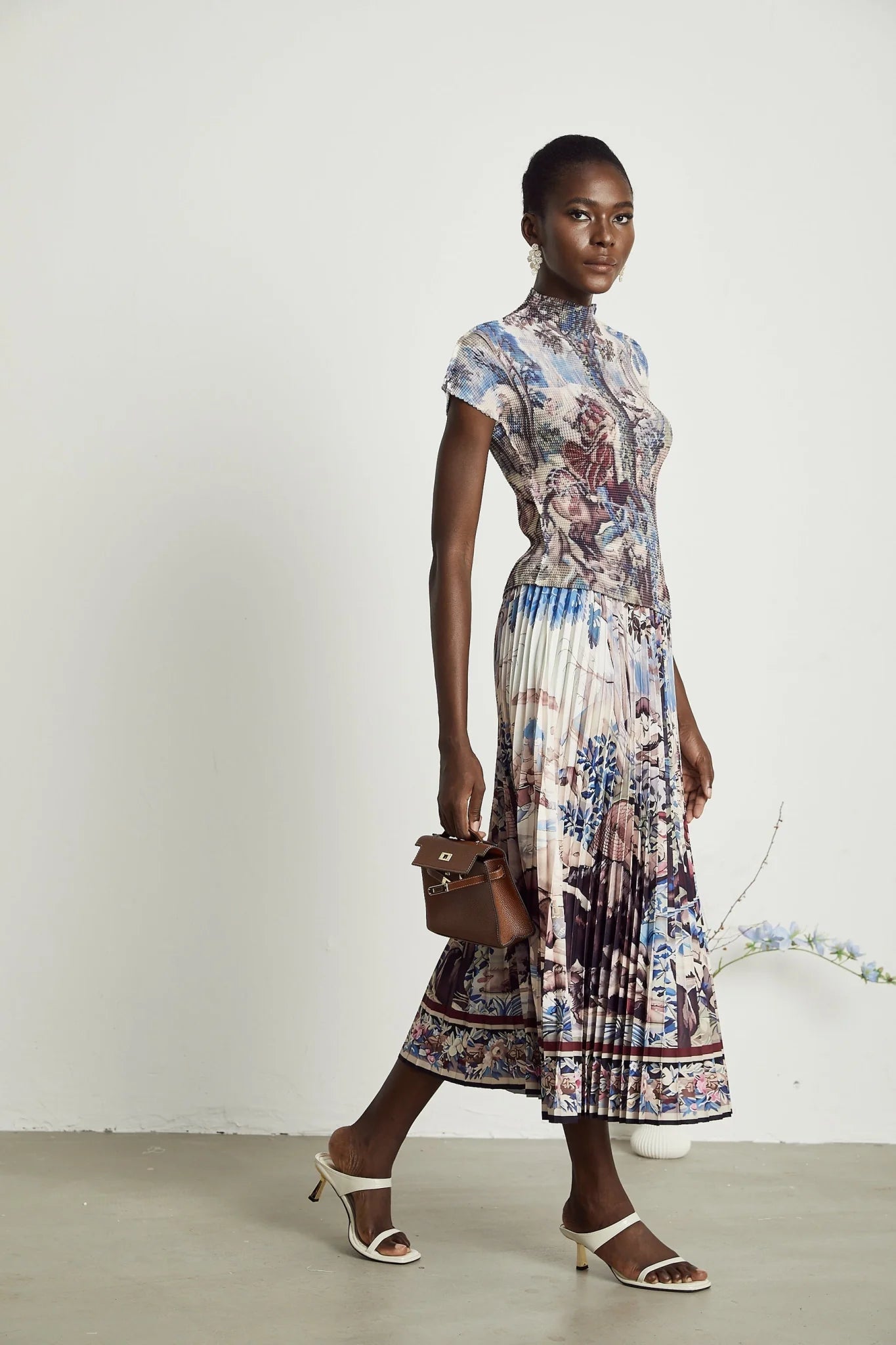 Harleigh Floral Midi Dress - Pleated Top - High Waisted Skirt - Multicolor Print - Comfort Fit