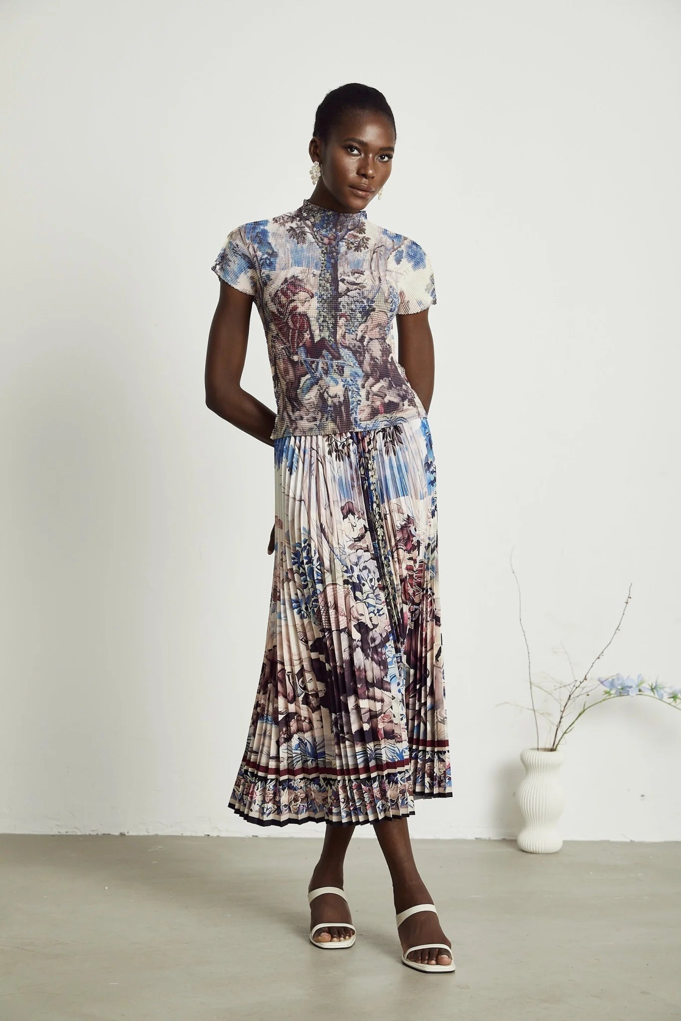 Harleigh Floral Midi Dress - Pleated Top - High Waisted Skirt - Multicolor Print - Comfort Fit