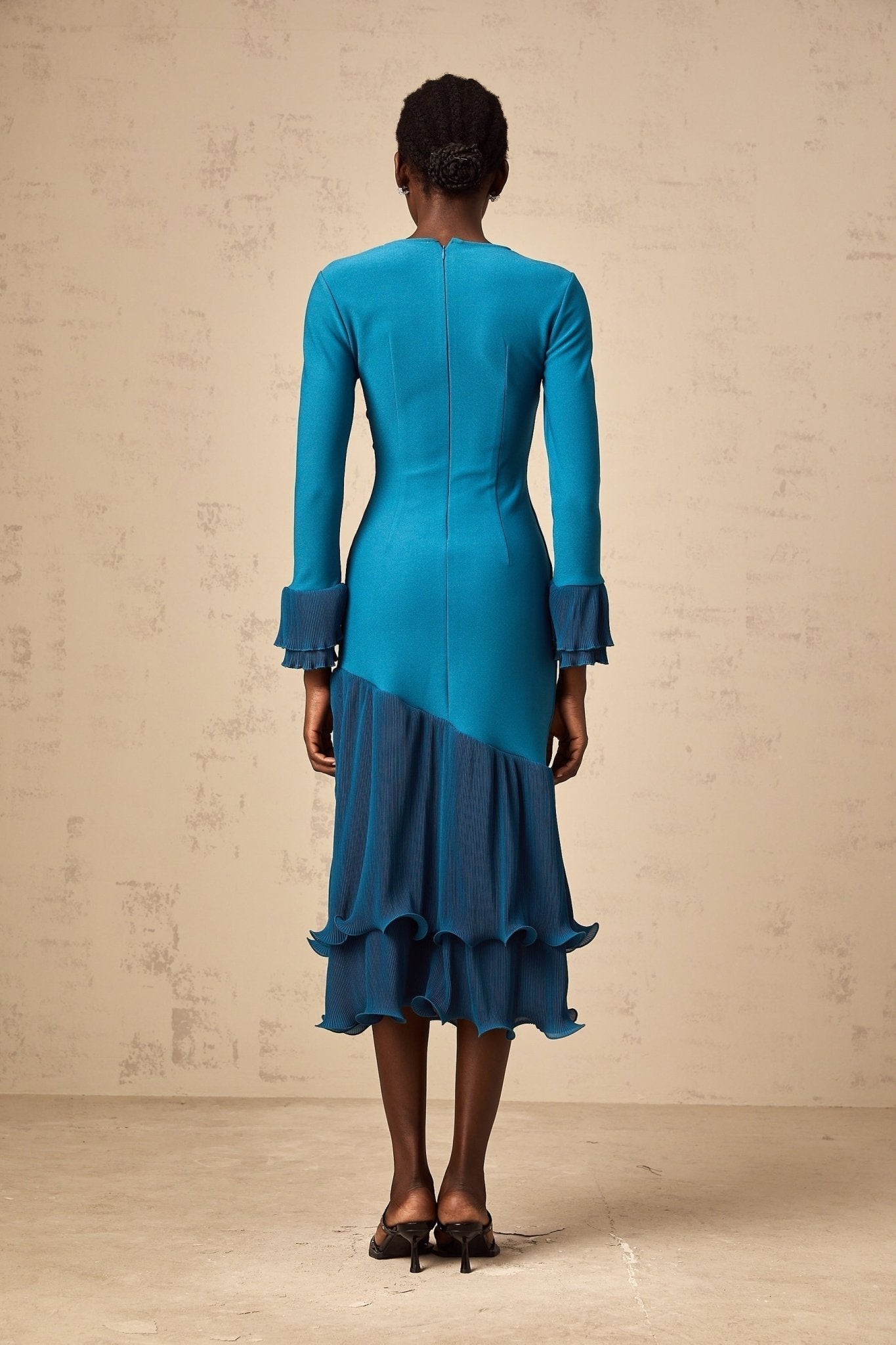 Harleigh Midi Dress - Round Neck Design - Long Sleeves - Cinched Waist Detail - Ruffled Trim Panelled Style