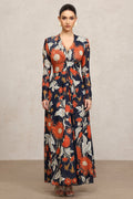 Harleigh Navy Floral Maxi Dress V-Neck Long Sleeve Slit Detail Elegant