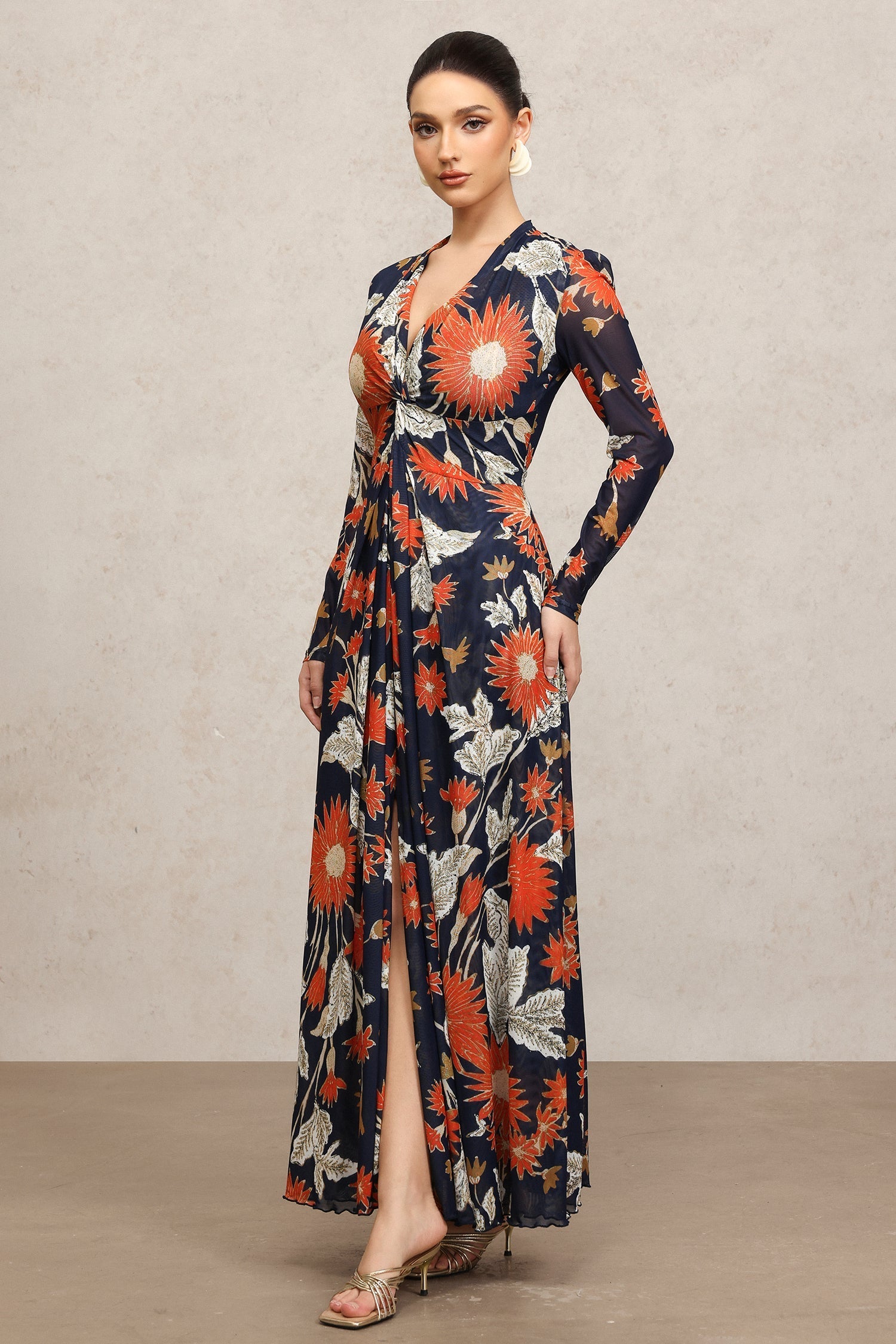 Harleigh Navy Floral Maxi Dress V-Neck Long Sleeve Slit Detail Elegant