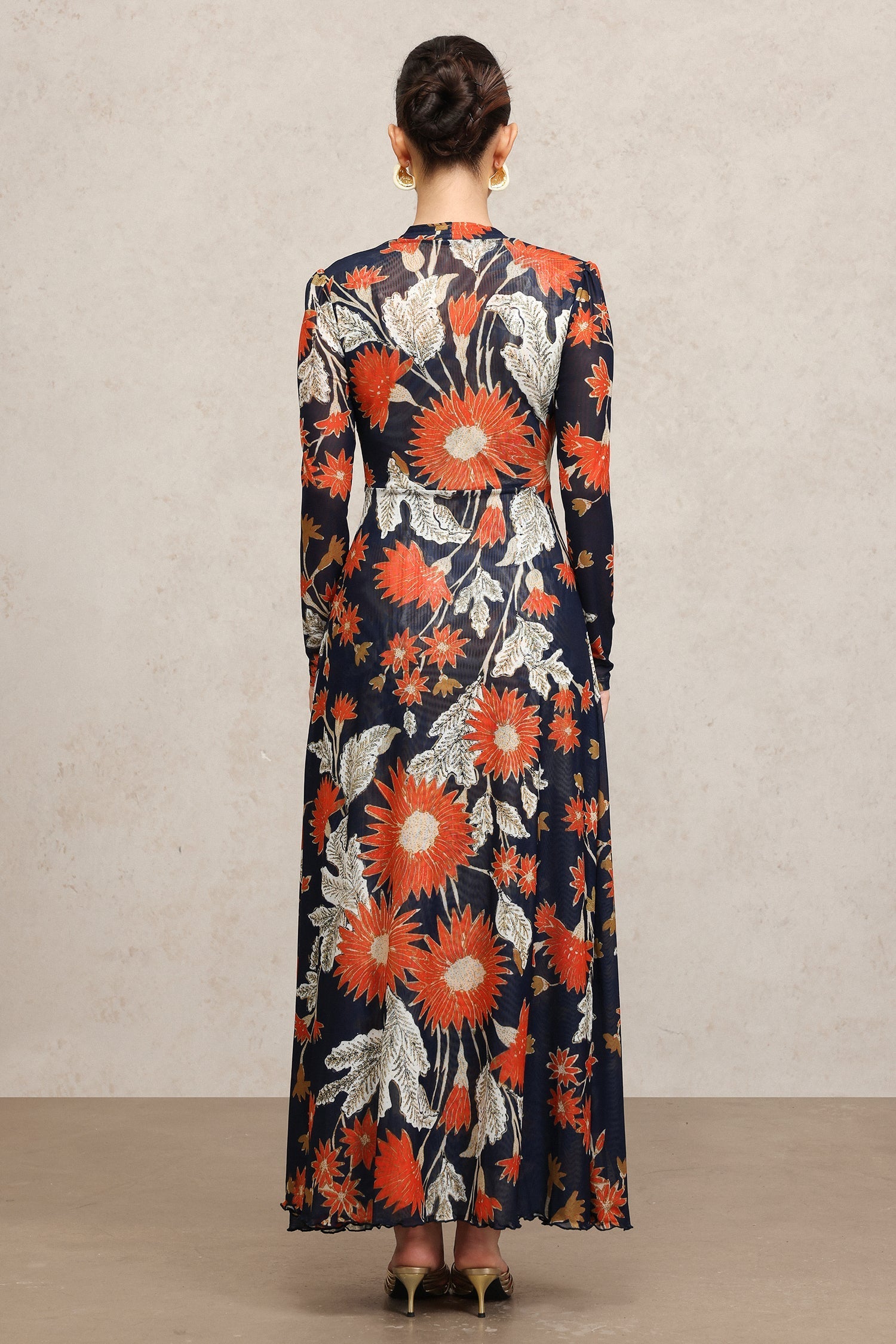 Harleigh Navy Floral Maxi Dress V-Neck Long Sleeve Slit Detail Elegant
