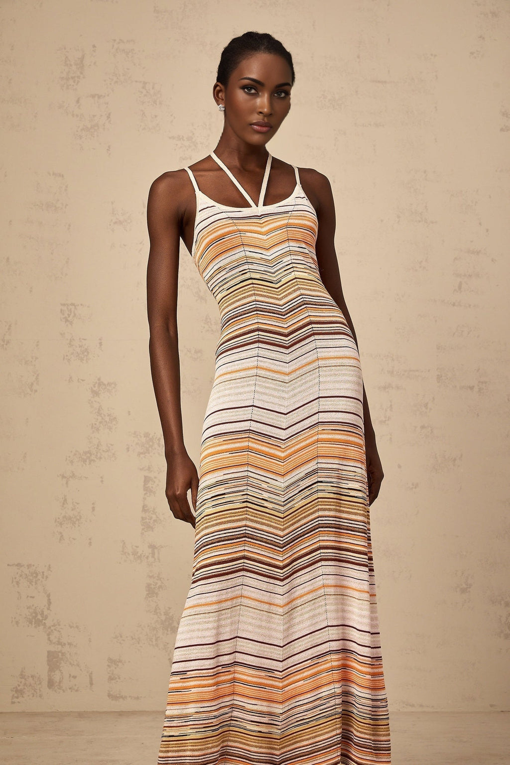 Harmony Maxi Dress - Knitted Construction - Sleeveless Halterneck - Spaghetti Straps - Horizontal Stripe Pattern