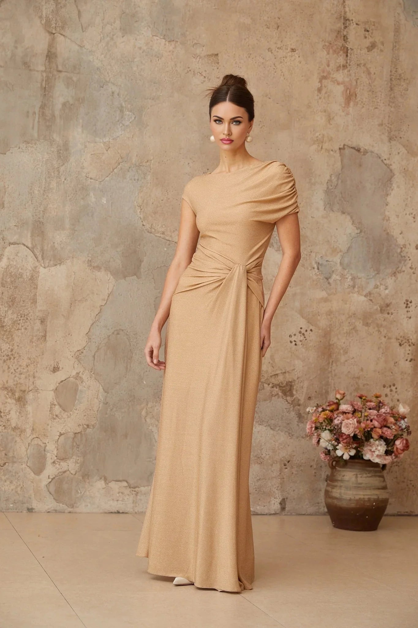 Harper Maxi Dress Gold Pleated Asymmetrical Twist Knot & Metallic Detail