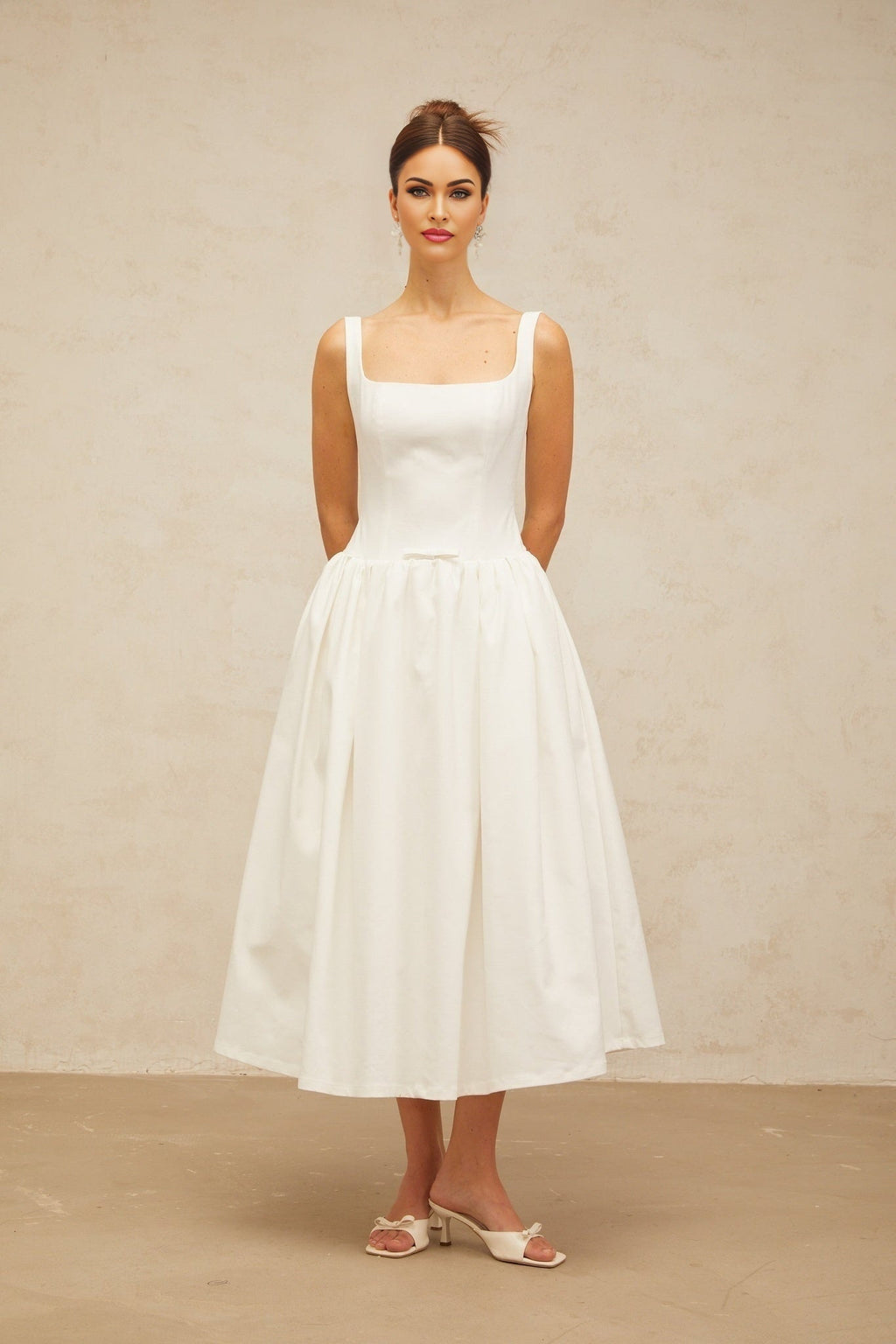 Harper Midi Dress - Square Neck - Sleeveless - Bow Detailing - Flounce Hem