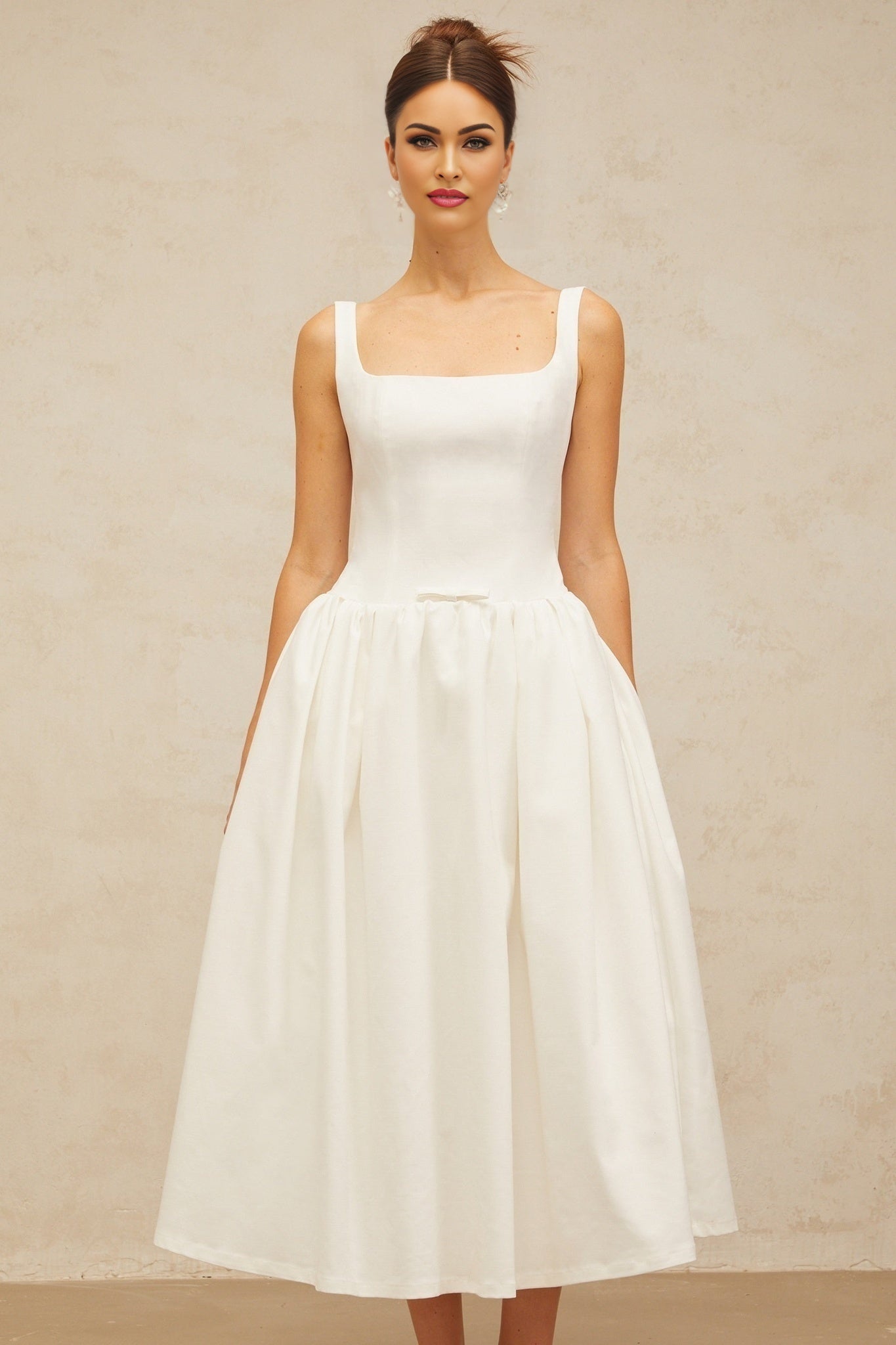 Harper Midi Dress - Square Neck - Sleeveless - Bow Detailing - Flounce Hem