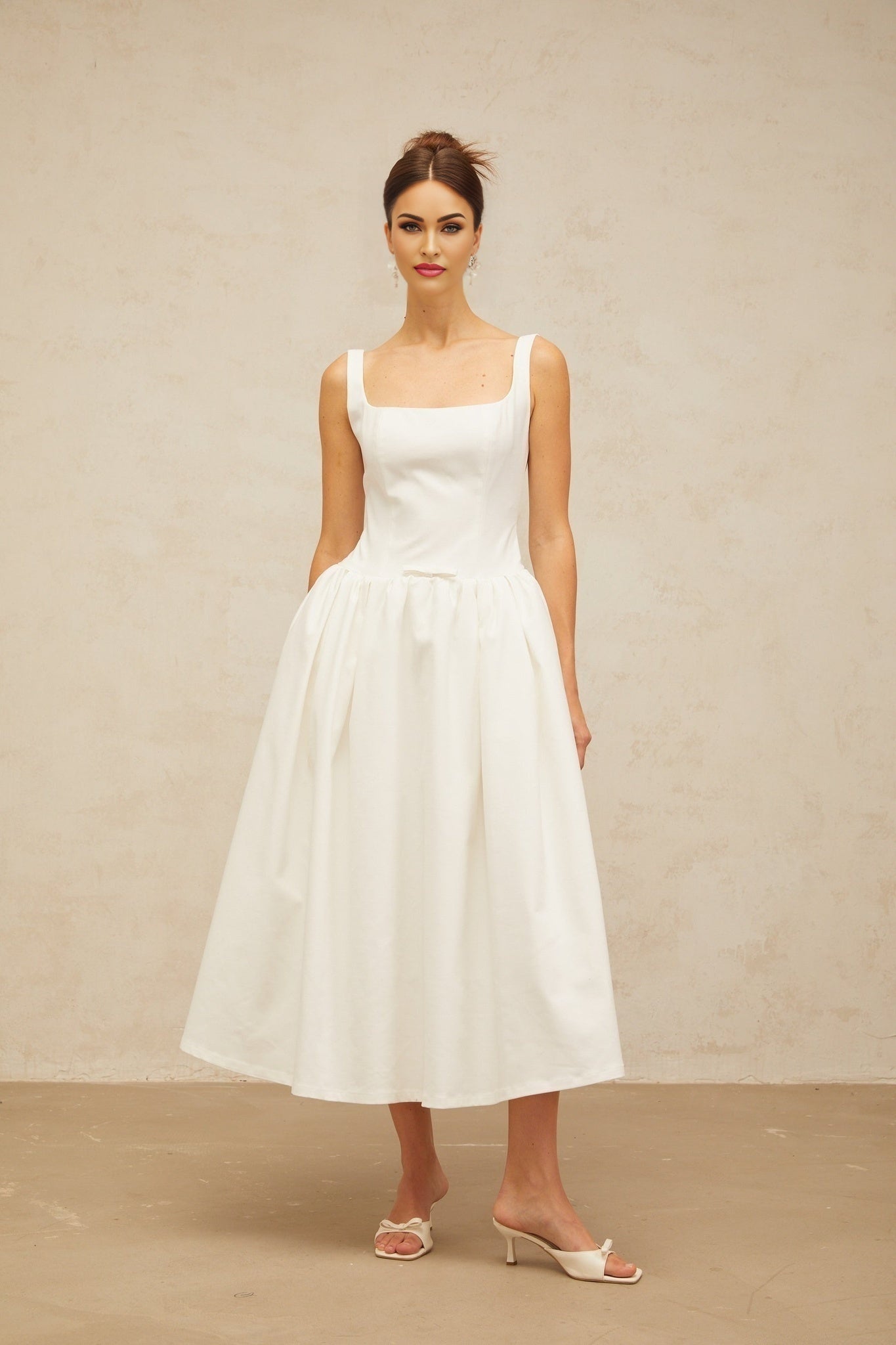 Harper Midi Dress - Square Neck - Sleeveless - Bow Detailing - Flounce Hem